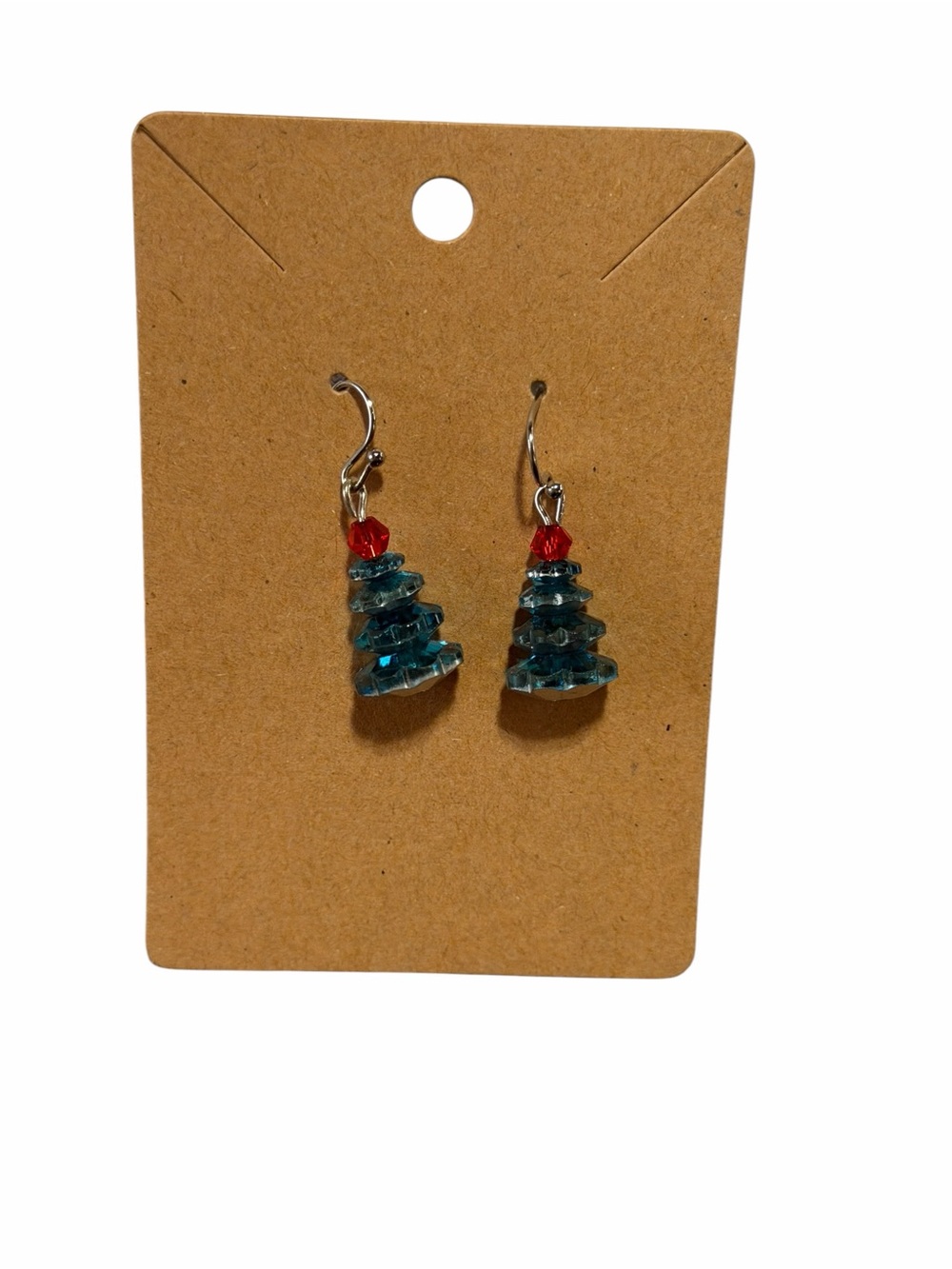 Handmade Teal Christmas Tree Drop Earrings with Red Accent